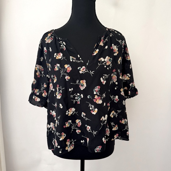 Madewell 100% Silk Notched Ruffle-Cuff Top Blouse, Floral Black, Size S - Picture 4 of 13